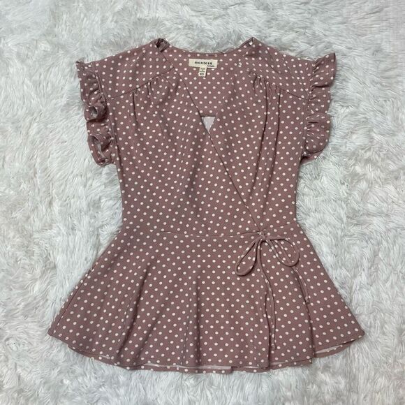 Monteau Pink Plush Top Blouse Vneck Tie Front Size XS Ruffle Sleeves Feminine Po - Picture 1 of 11